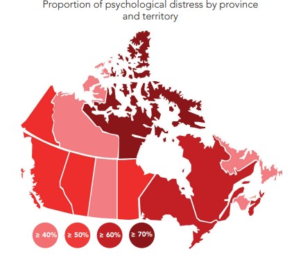 Map of Canada depicting psychological distress by province and territory. 