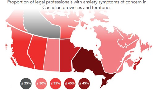 Map of Canada depicting the proportion of legal professionals with anxiety symptoms of concern in Canadian provinces