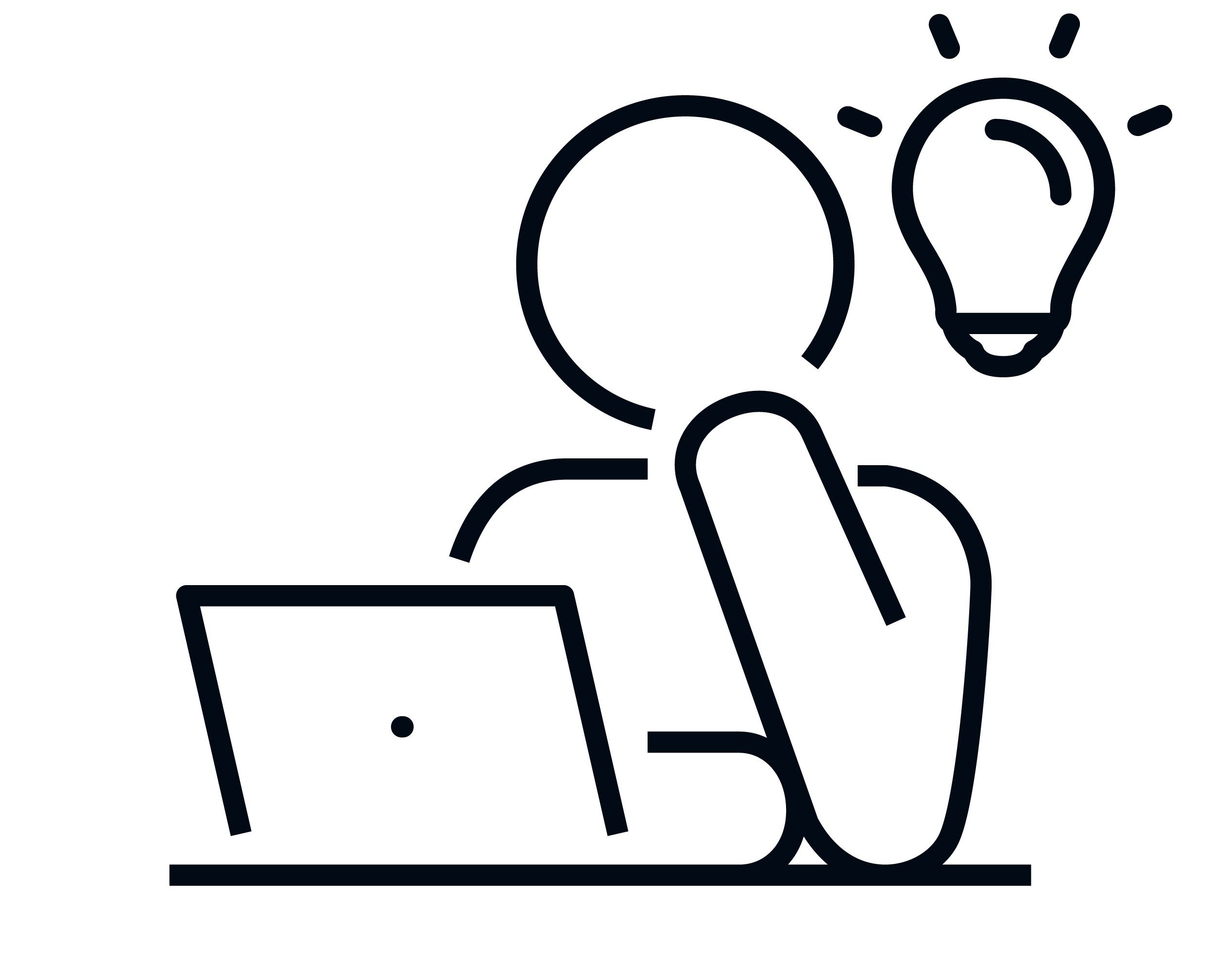 Icon of person at a laptop with a light bulb behind them
